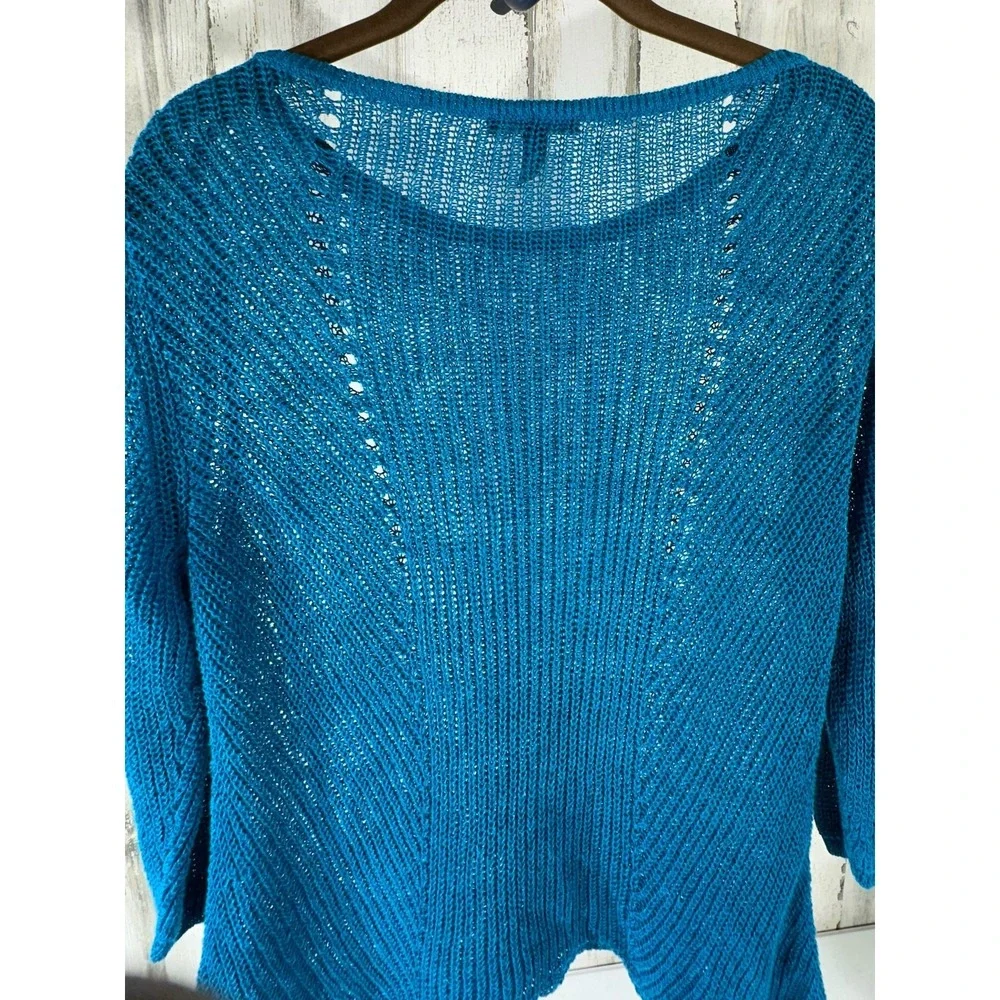 Eileen‎ Fisher Sweater Teal Organic Linen Open Knit Asymmetric Hem 3/4 Sleeve